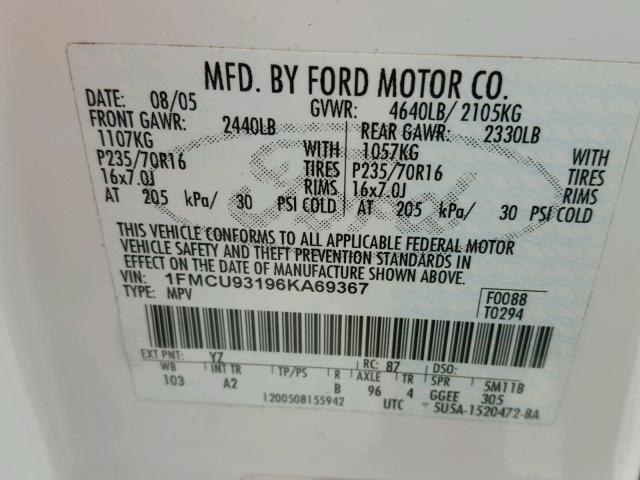 1FMCU93196KA69367 - 2006 FORD ESCAPE XLT WHITE photo 10