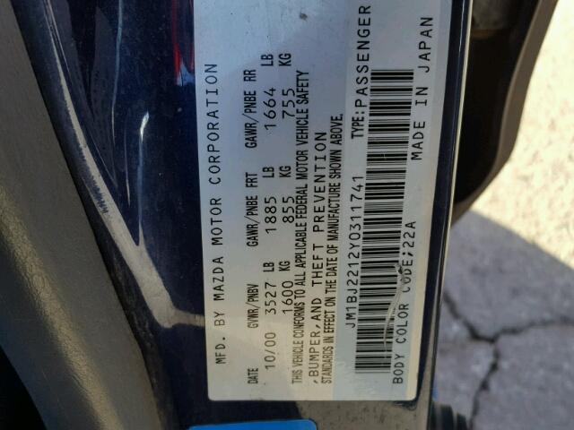 JM1BJ2212Y0311741 - 2000 MAZDA PROTEGE ES 蓝色 照片 10