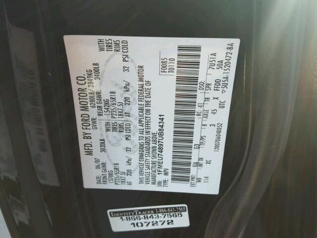 1FMEU74897UB84341 - 2007 FORD EXPLORER E BLACK photo 10