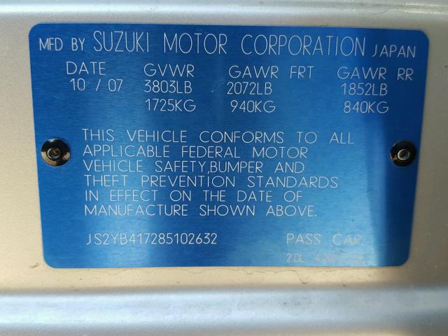 JS2YB417285102632 - 2008 SUZUKI SX4 TOURIN SILVER photo 10