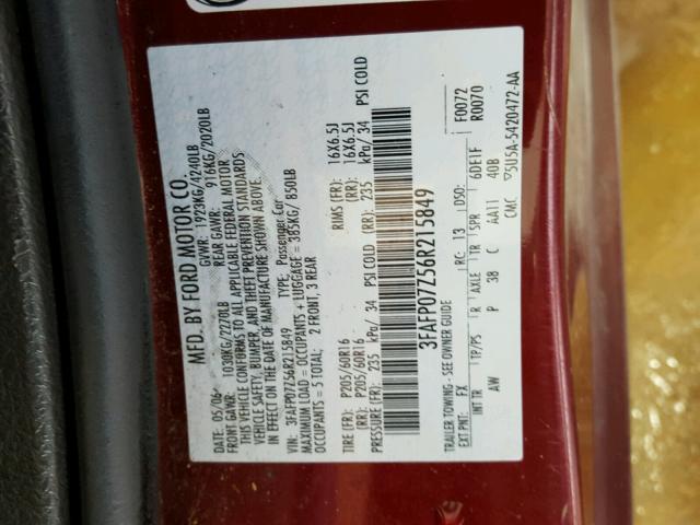 3FAFP07Z56R215849 - 2006 FORD FUSION SE BURGUNDY photo 10