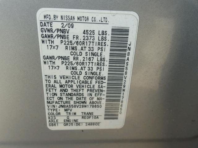 JN8AS58V29W178650 - 2009 NISSAN ROGUE S SILVER photo 10