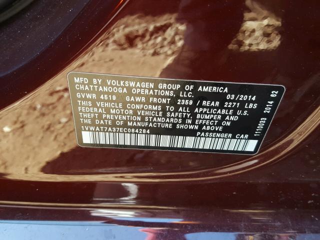 1VWAT7A37EC084284 - 2014 VOLKSWAGEN PASSAT S Շագանակագույն լուսանկար 10