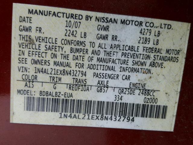 1N4AL21EX8N432794 - 2008 NISSAN ALTIMA 2.5 RED photo 10