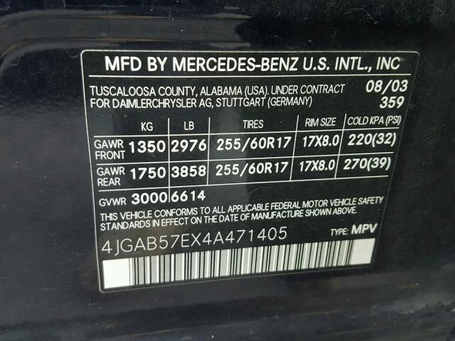 4JGAB57EX4A471405 - 2004 MERCEDES-BENZ ML 350 BLUE photo 10