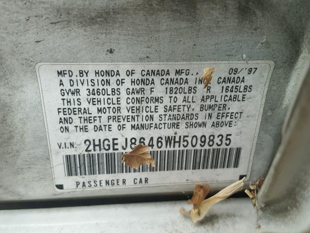 2HGEJ8646WH509835 - 1998 HONDA CIVIC EX თეთრი ფოტო 10