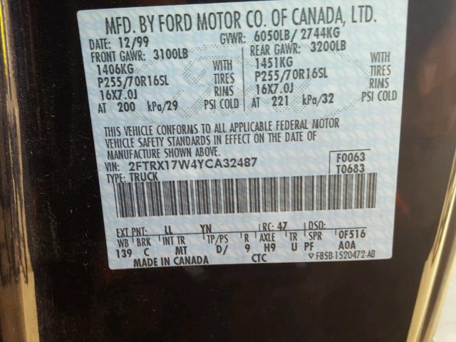 2FTRX17W4YCA32487 - 2000 FORD F150 BLUE photo 10