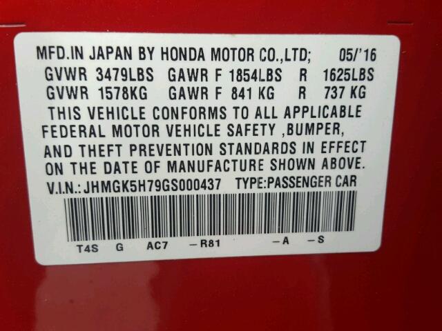 JHMGK5H79GS000437 - 2016 HONDA FIT EX RED photo 10