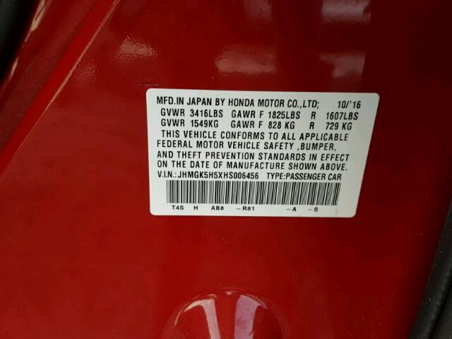 JHMGK5H5XHS006456 - 2017 HONDA FIT LX أسود صورة 10