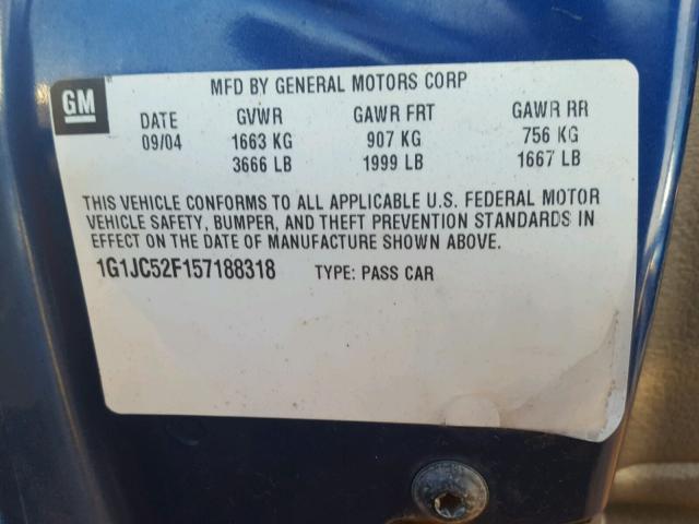 1G1JC52F157188318 - 2005 CHEVROLET CAVALIER BLUE photo 10