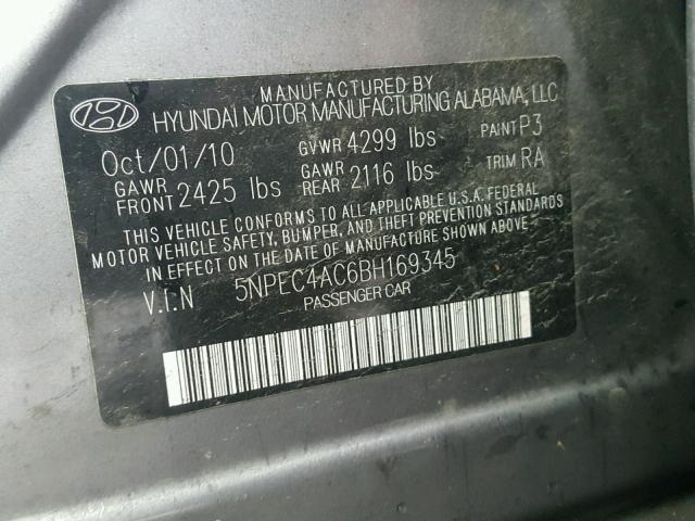 5NPEC4AC6BH169345 - 2011 HYUNDAI SONATA SE CHARCOAL photo 10