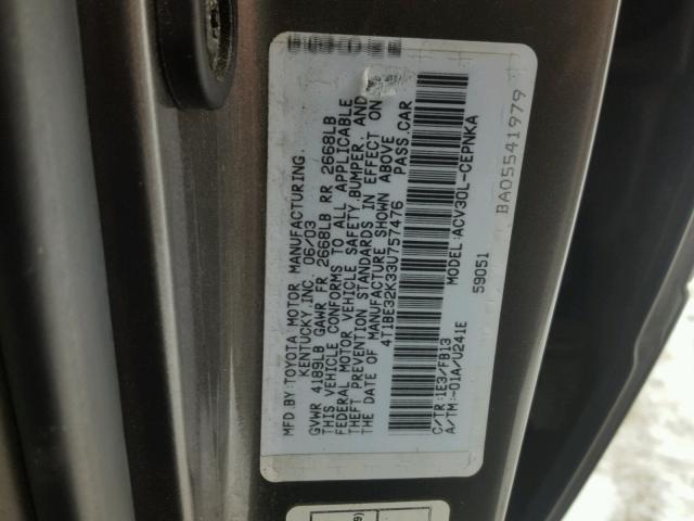 4T1BE32K33U757476 - 2003 TOYOTA CAMRY LE GRAY photo 10