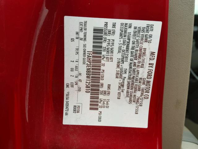 1FAHP3EN8BW125810 - 2011 FORD FOCUS S RED photo 10
