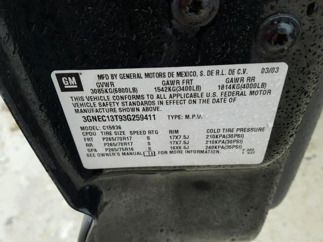 3GNEC13T93G259411 - 2003 CHEVROLET AVALANCHE 黑色 照片 10