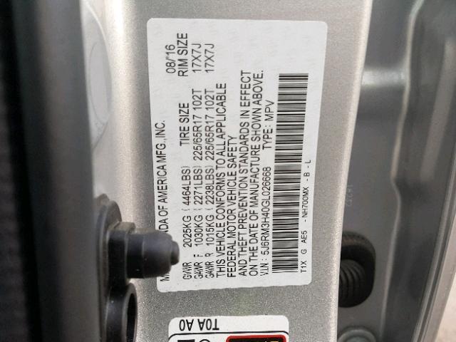 5J6RM3H40GL026668 - 2016 HONDA CR-V SE SILVER photo 10