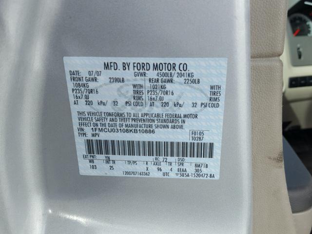 1FMCU03108KB10886 - 2008 FORD ESCAPE XLT WHITE photo 10