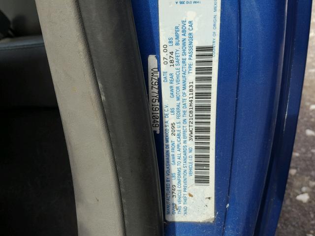 3VWCT21C81M411831 - 2001 VOLKSWAGEN NEW BEETLE 蓝色 照片 10