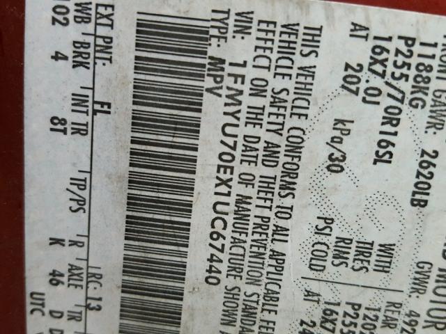 1FMYU70EX1UC67440 - 2001 FORD EXPLORER S 红色 照片 10