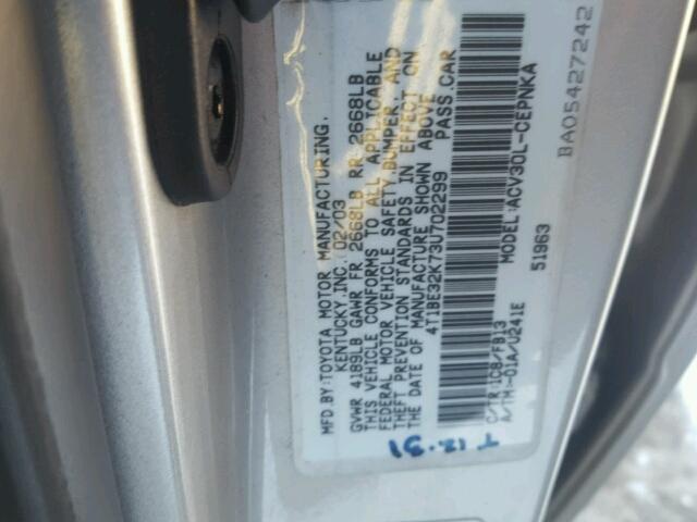 4T1BE32K73U702299 - 2003 TOYOTA CAMRY LE SILVER photo 10