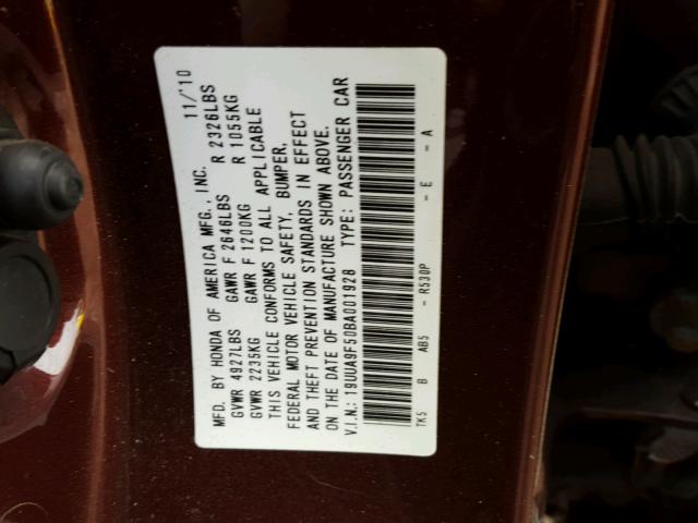 19UUA9F50BA001928 - 2011 ACURA TL BURGUNDY photo 10