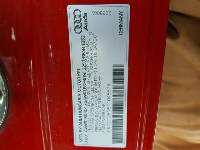 TRUWT28N511048575 - 2001 AUDI TT QUATTRO RED photo 10