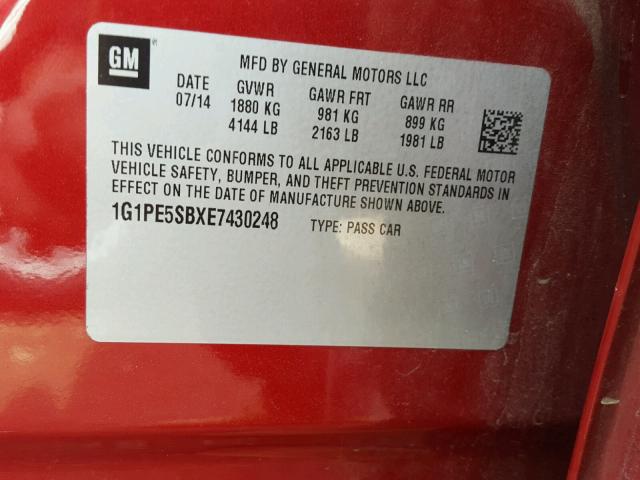 1G1PE5SBXE7430248 - 2014 CHEVROLET CRUZE LT RED photo 10