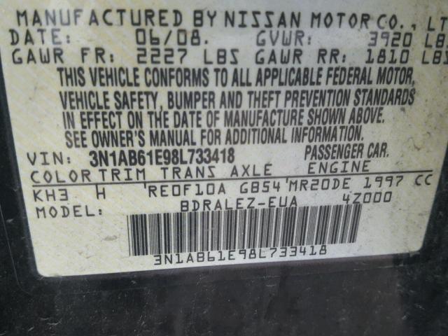 3N1AB61E98L733418 - 2008 NISSAN SENTRA 2.0 BLACK photo 10