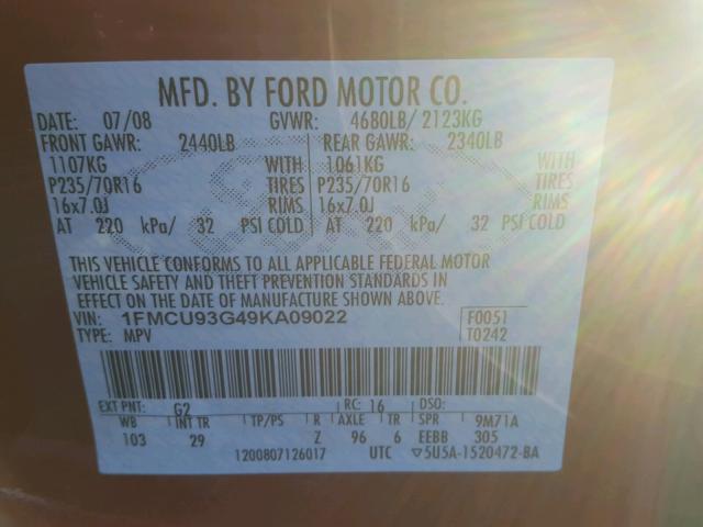 1FMCU93G49KA09022 - 2009 FORD ESCAPE XLT RED photo 10