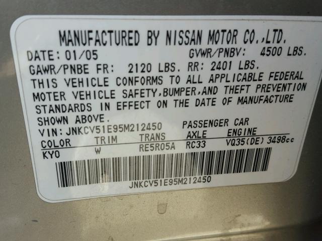 JNKCV51E95M212450 - 2005 INFINITI G35 SILVER photo 10