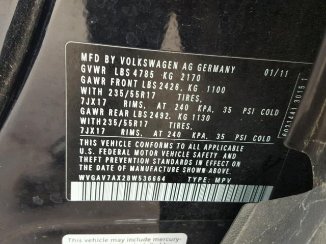 WVGAV7AX2BW536664 - 2011 VOLKSWAGEN TIGUAN S BLACK photo 10