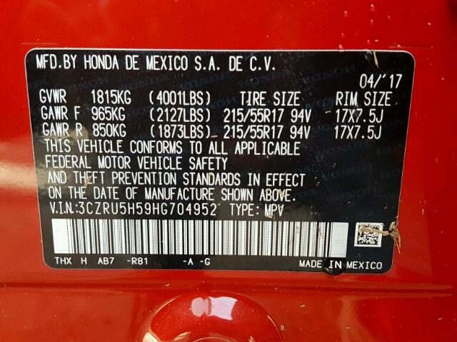 3CZRU5H59HG704952 - 2017 HONDA HR-V EX RED photo 10