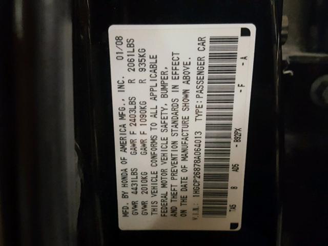 1HGCP26878A064013 - 2008 HONDA ACCORD EXL BLACK photo 10