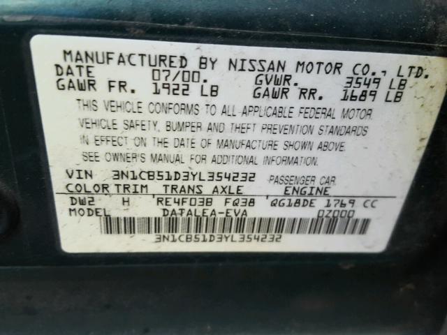 3N1CB51D3YL354232 - 2000 NISSAN SENTRA BAS GREEN photo 10