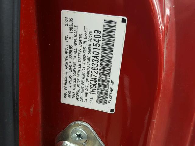 1HGCM72633A015409 - 2003 HONDA ACCORD EX RED photo 10