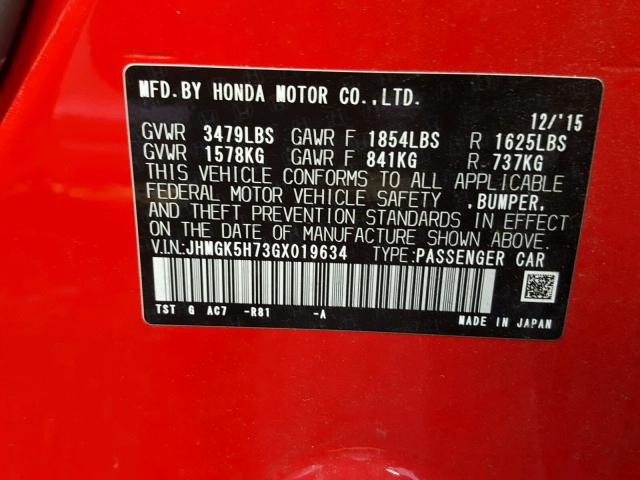 JHMGK5H73GX019634 - 2016 HONDA FIT EX RED photo 10