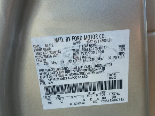 1FMCU9E74CKC41463 - 2012 FORD ESCAPE LIM GOLD photo 10