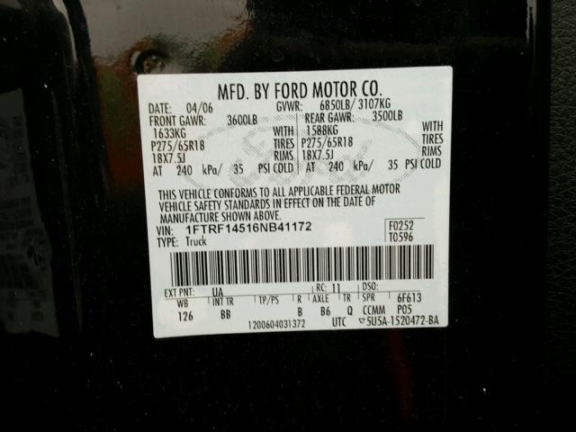 1FTRF14516NB41172 - 2006 FORD F150 BLACK photo 10