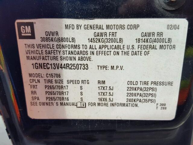 1GNEC13V44R250733 - 2004 CHEVROLET TAHOE C150 BLUE photo 10