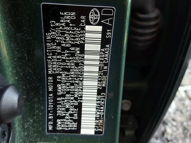 2T1BPRHE4EC007376 - 2014 TOYOTA COROLLA EC GREEN photo 10