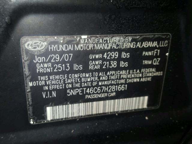 5NPET46C67H281661 - 2007 HYUNDAI SONATA GLS BLACK photo 10