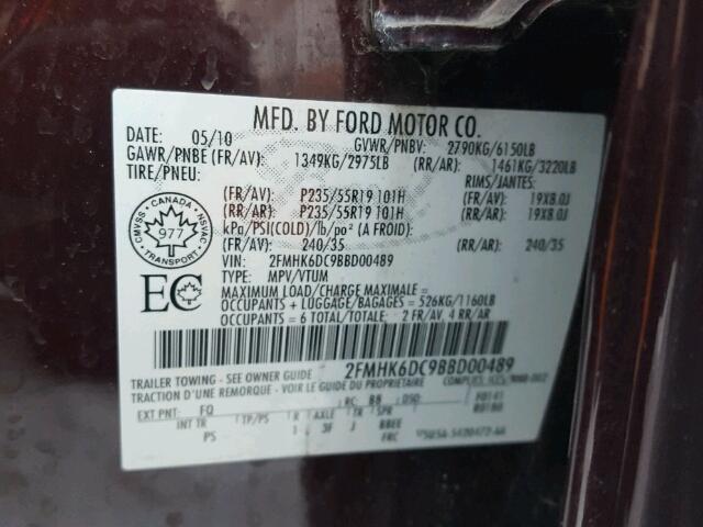 2FMHK6DC9BBD00489 - 2011 FORD FLEX LIMIT MAROON photo 10