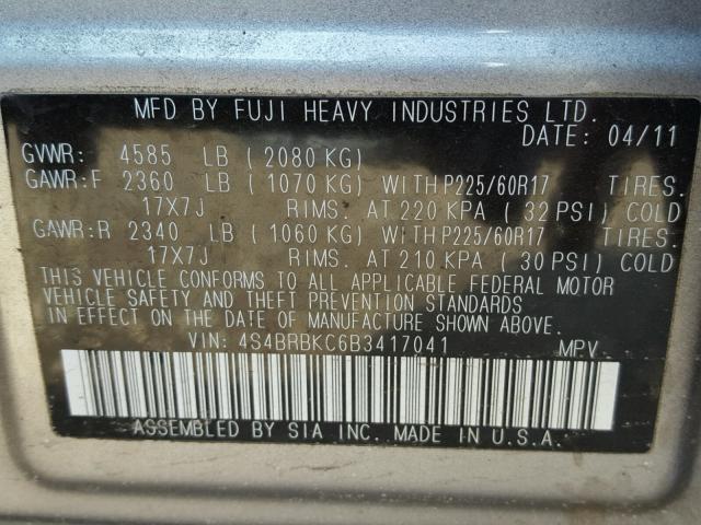 4S4BRBKC6B3417041 - 2011 SUBARU OUTBACK 2. SILVER photo 10