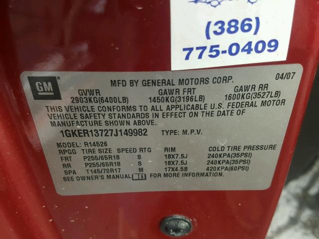 1GKER13727J149982 - 2007 GMC ACADIA SLE RED photo 10