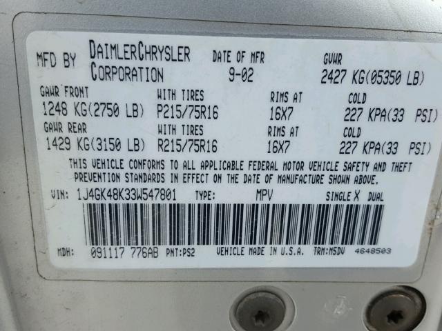 1J4GK48K33W547801 - 2003 JEEP LIBERTY SP SILVER photo 10