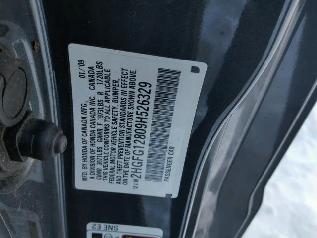 2HGFG12809H526329 - 2009 HONDA CIVIC EX ნაცრისფერი ფოტო 10