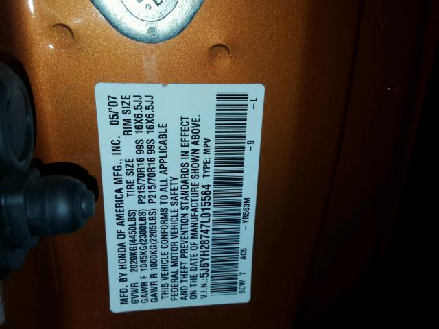 5J6YH28747L015564 - 2007 HONDA ELEMENT EX ORANGE photo 10