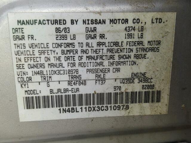 1N4BL11DX3C310978 - 2003 NISSAN ALTIMA SE GRAY photo 10