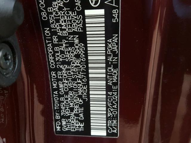 JTKDE167170169959 - 2007 TOYOTA SCION BURGUNDY photo 10