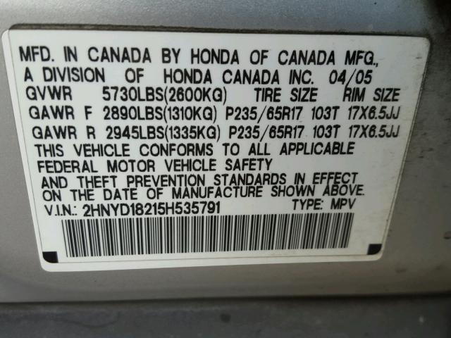 2HNYD18215H535791 - 2005 ACURA MDX SILVER photo 10