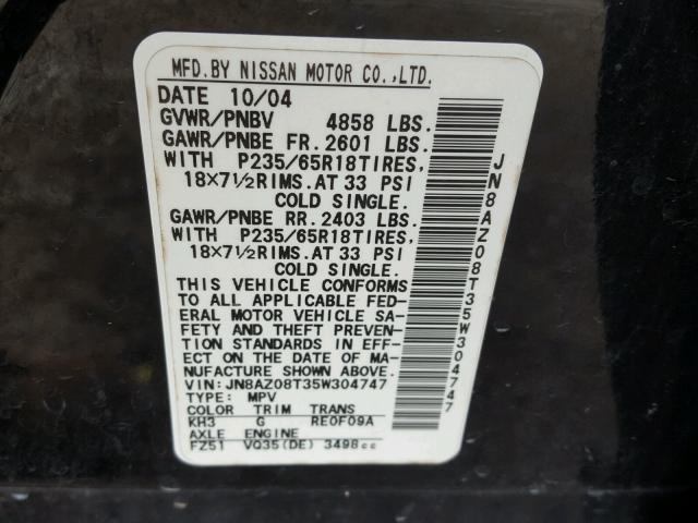 JN8AZ08T35W304747 - 2005 NISSAN MURANO SL BLACK photo 10